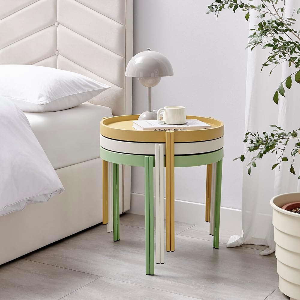 Stackable Nesting Plastic Coffee Table with Metal Legs, Outdoor End Table Set, Colorful Nightstands, Color Fun Living, Beding, Patio Table Sets, Quick Assembly, Set of 3, (Yellow, White, Green)