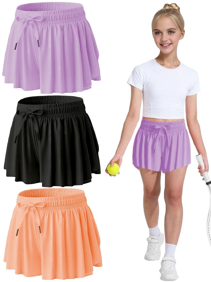 MODERN ASIR 3 Pack Girls Flowy Shorts with Spandex Liner 2-in-1 Youth Butterfly Skirts for Fitness, Running, Sports(Green 7-8years)