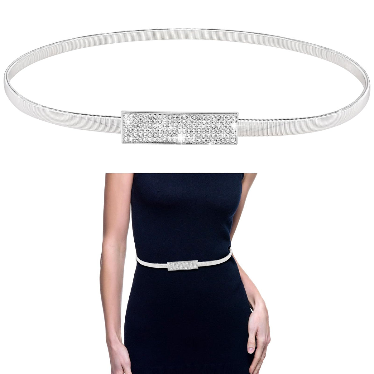 Women Skinny Metal Waist Belt Elastic Metal Chain Waist Belt Fashion Rhinestone Dress Belts for Dress, Sliver