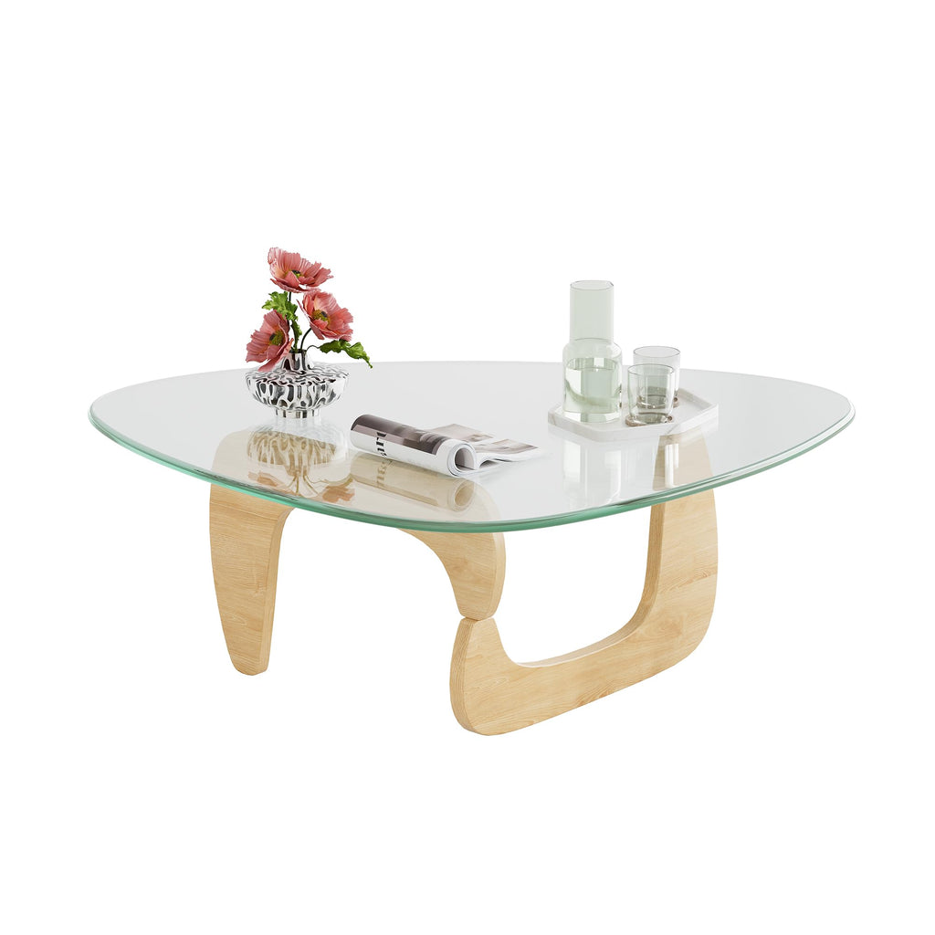 WLIVE Coffee Table, Small Glass Coffee Table with Solid Wood Legs, 32.7" Mid Century Triangle Living Room Tables, Modern Center Table for Small Spaces Living Room, Reception, Office, Natural