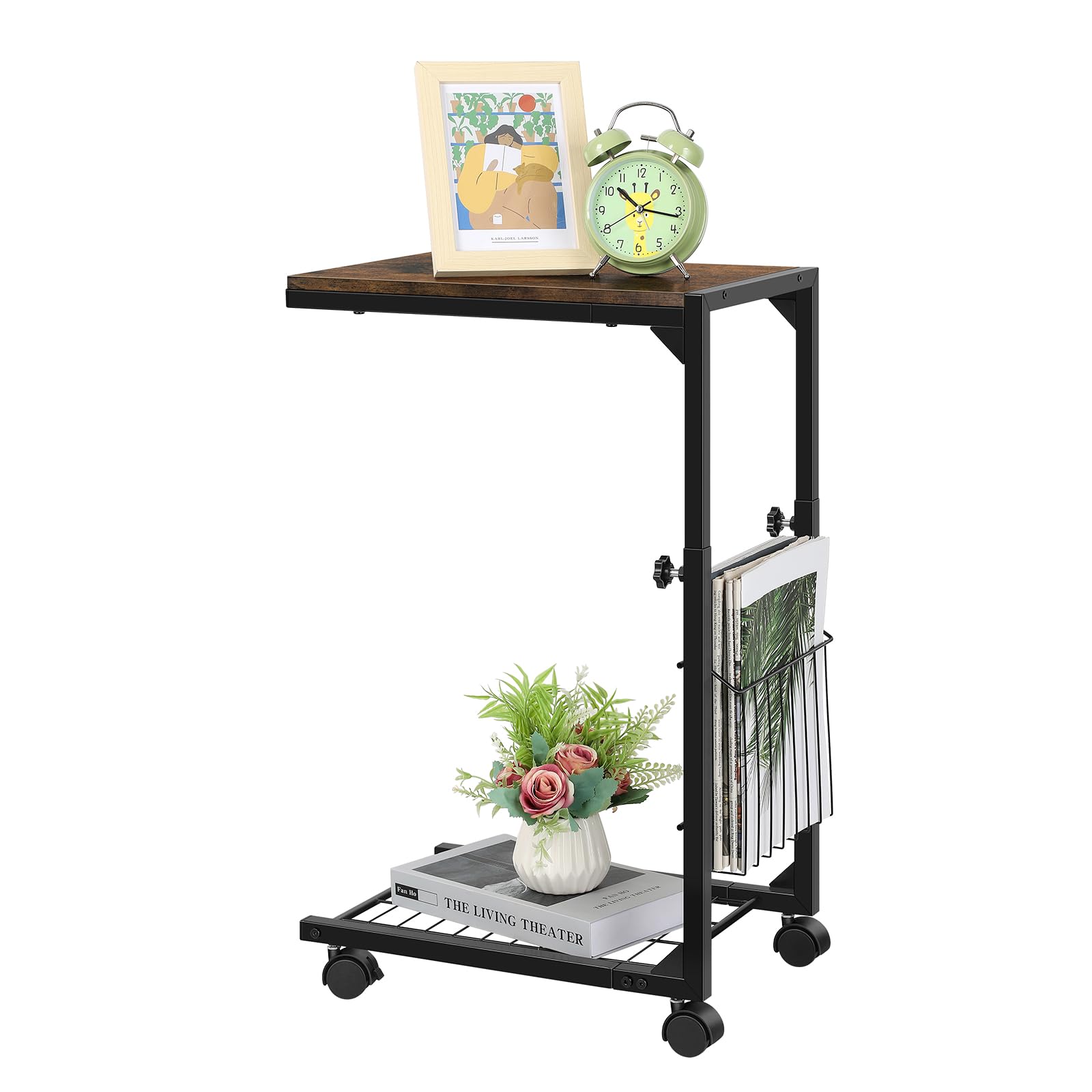 BTY C Shaped Side Table Adjustable Height End Table for Small Spaces C Table with Wheels Couch Table with Storage Laptop Side Table for Sofa Living Room Bedroom (Grey)