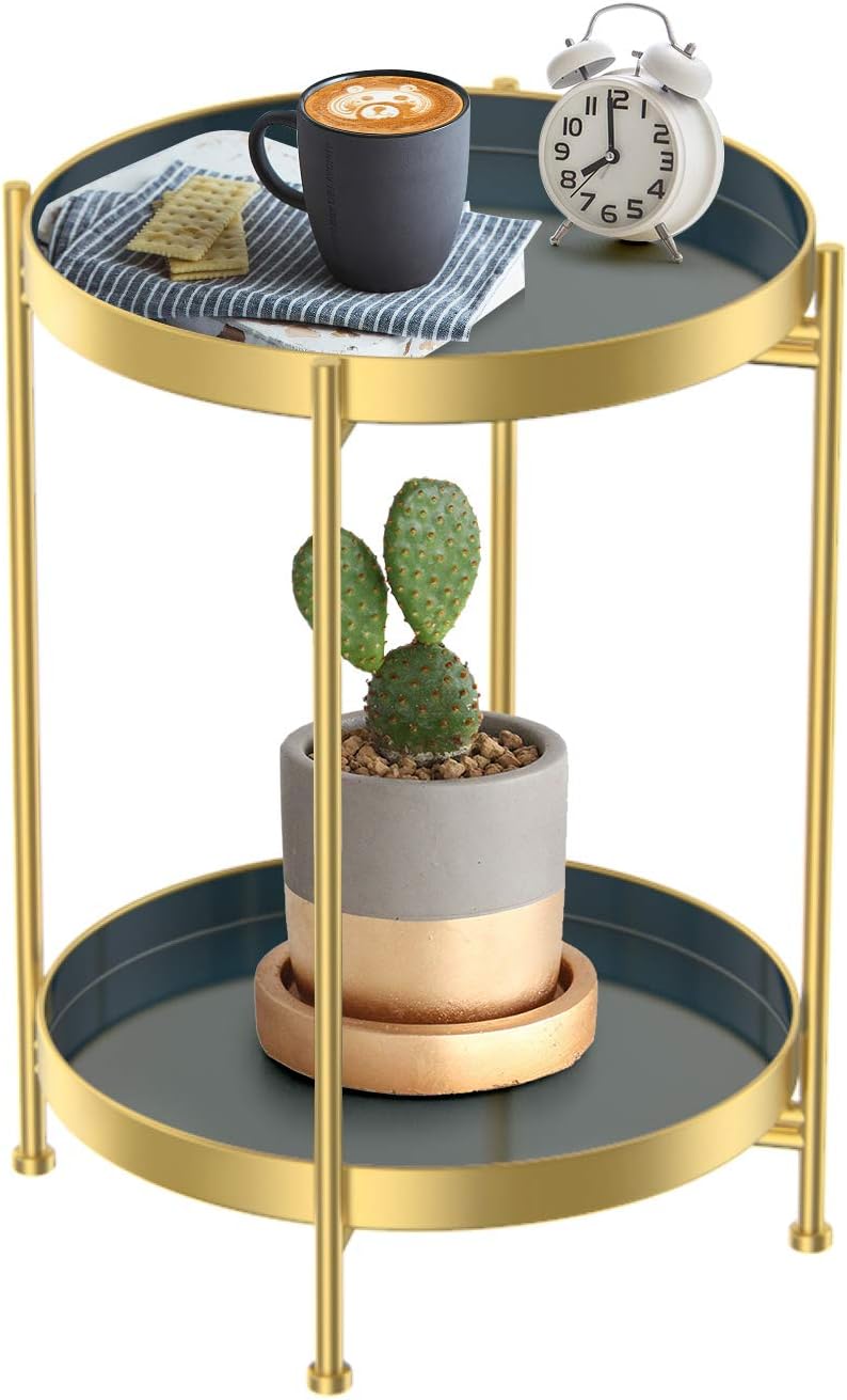 Round Side Table,Gold Metal 2 Tier Tray Metal End Table for Sofa Living Room Tea Table Small Spaces …