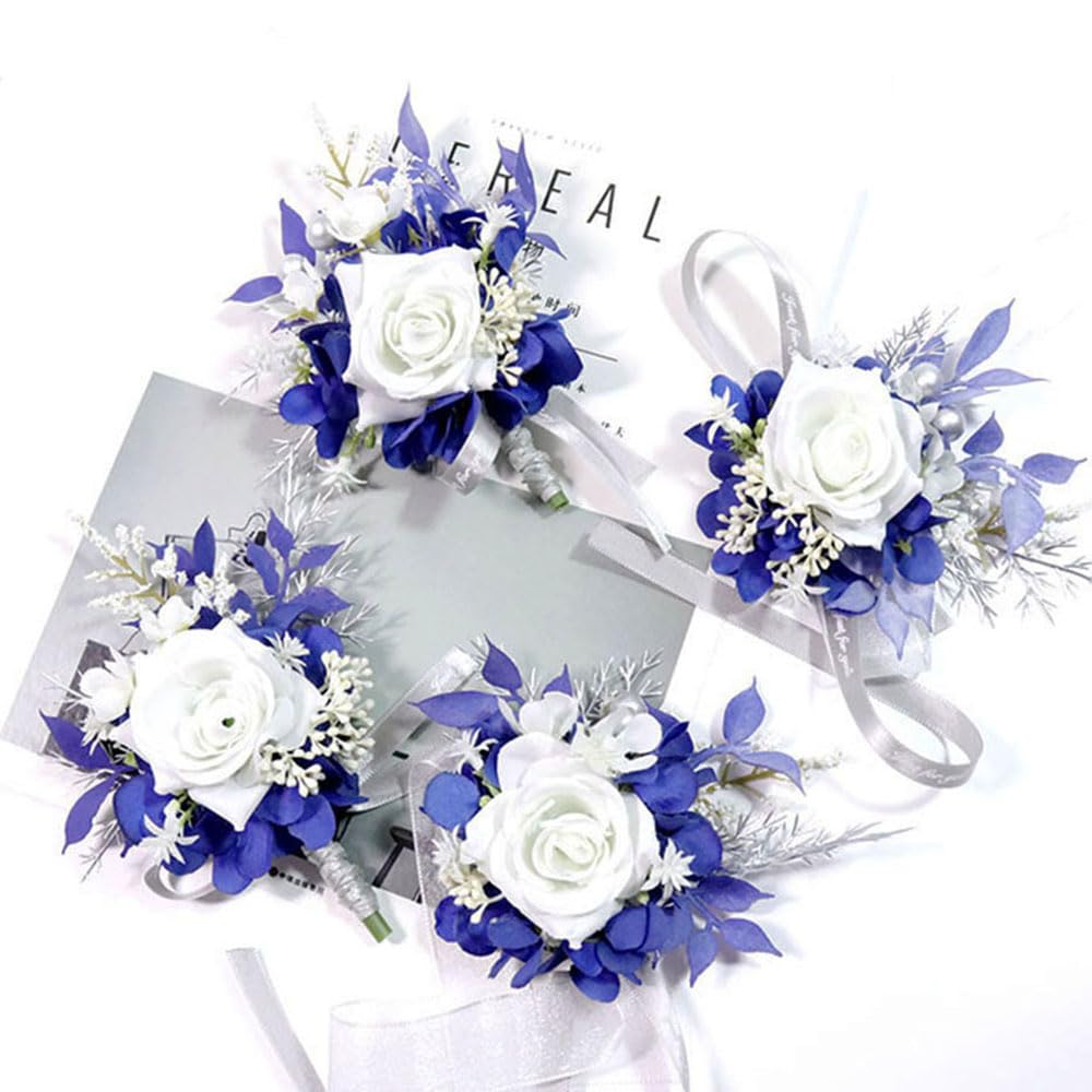 MAFELOE Wrist Corsage and Boutonniere Set for Prom Homecoming Wedding Party Celebration Artificial Flowers Accessories Suit Decor 2 Pieces - White+Navy Blue