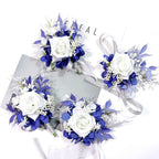 MAFELOE Wrist Corsage and Boutonniere Set for Prom Homecoming Wedding Party Celebration Artificial Flowers Accessories Suit Decor 2 Pieces - White+Navy Blue