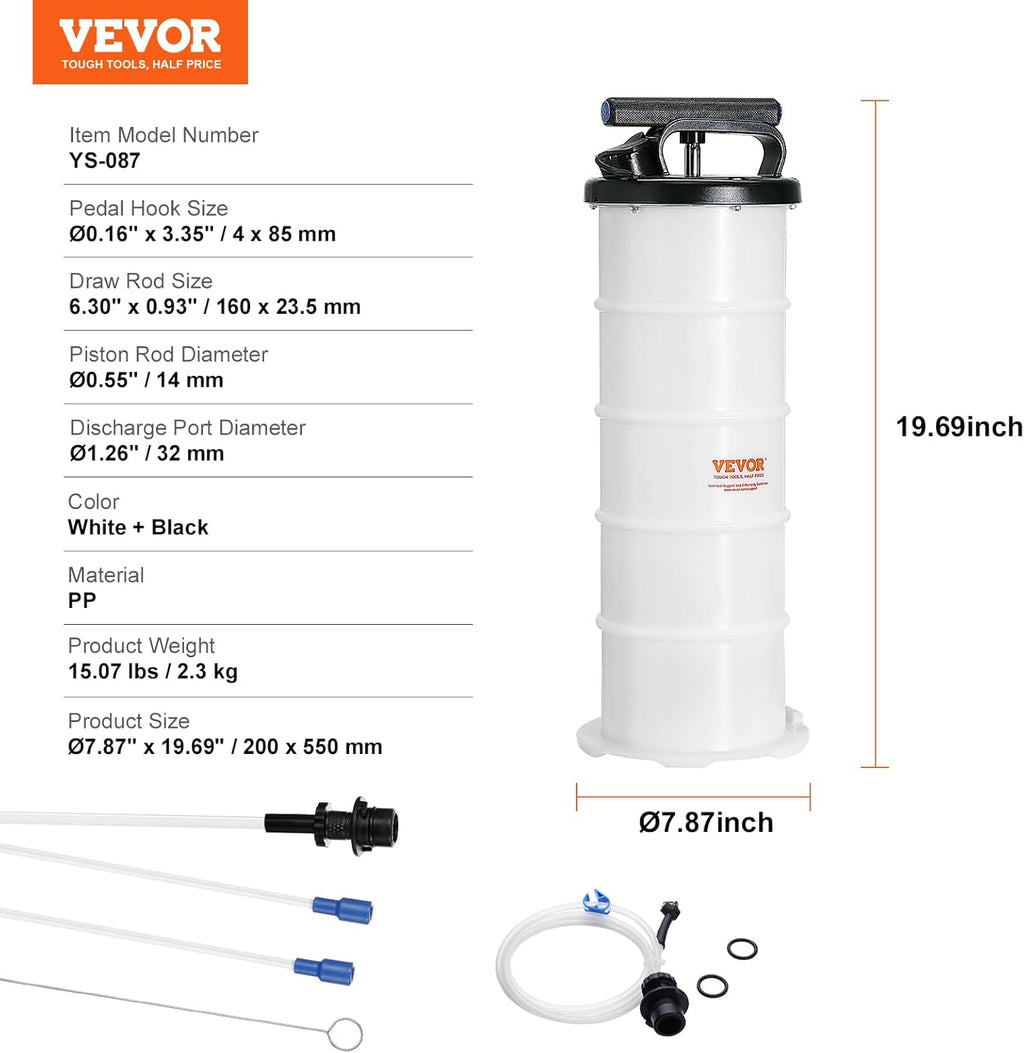 VEVOR 6.5L Manual Fluid Extractor Pump, Oil Changer Vacuum Fluid Extractor, Oil Extractor Change Pump for Automotive, Oil Change & Fluid Change Tool with Dipstick and Suction Hose (6.5L)