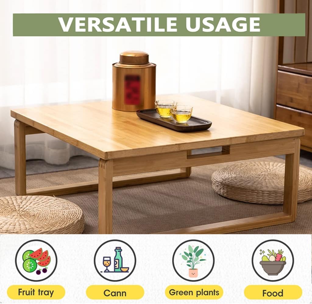 Japanese Style Folding Coffee Table, Portable Tea Table Low for Floor Sitting, Foldable Bamboo Kotatsu Dining Altar Bay Window Table (60x60cm, Square)