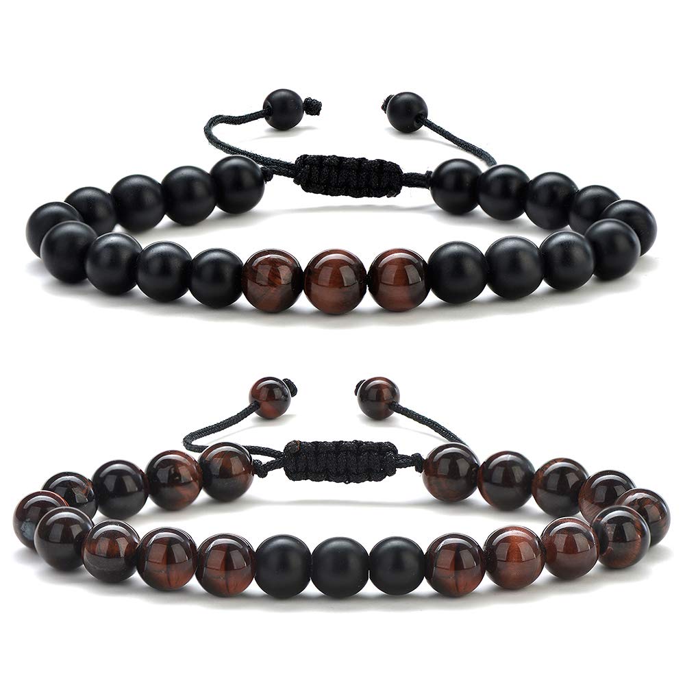 M MOOHAM Natural Stone Bracelets for Men - 8mm Tiger Eye, Matte Agate, Lava Rock - Teen Boys Gifts for Birthday, Anniversary, Christmas