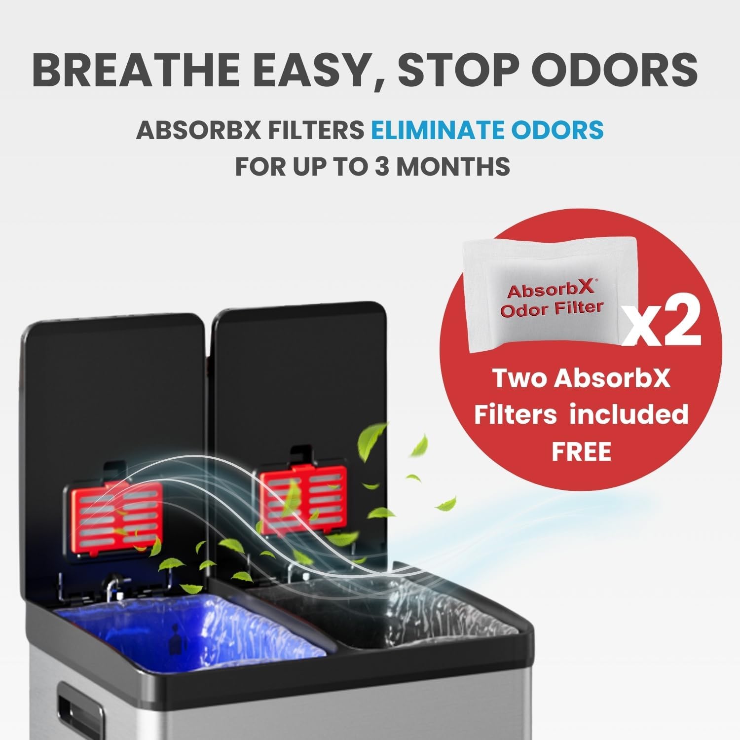 iTouchless 60 Liter / 16 Gallon Dual Compartment Kitchen Trash Can & Recycling Bin, Odor Filter, Soft-Close, Hands-Free Step Pedals, 2x 8-Gal Color-Coded Buckets, Smudge-Resistant Stainless Steel