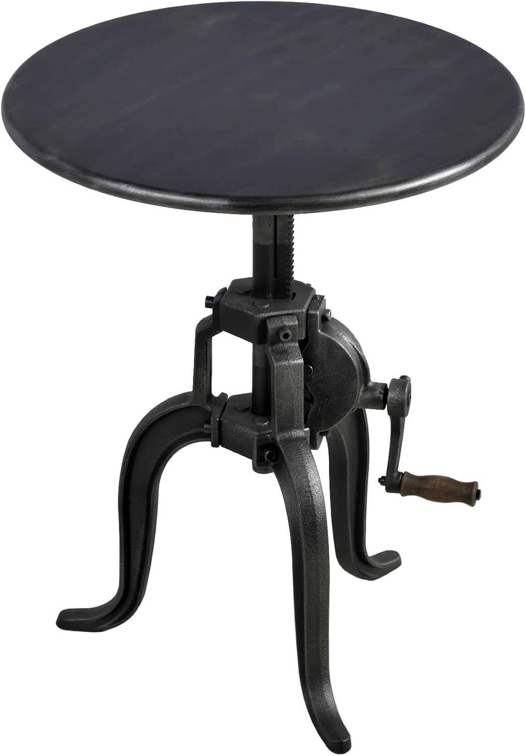 Vintage Industrial Crank Table with Mechanical Inspired Hand - Accent Side Coffee End Table for Home, Café, Bistro, Pub, Bar or Dining, Round Swivel Metal Top, 19.7"-25.6" Easily Adjustable, Black