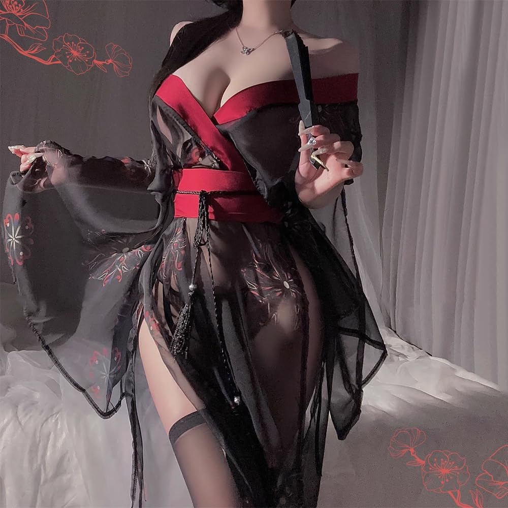 sexy kimono lingerie for women costume cosplay robe Perspective Cute open front Deep V-Neck Floral Pattern short dress japanese Yukata Anime Side Slit suit Sleepwear Pajamas outfit set black
