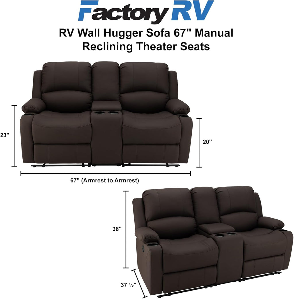 67" Wall Hugger Reclining | RV Theater Seats | Double Recliner RV Sofa & Console | RV Couch | RV Theater Seating | RV Furniture (Manual, Chocolate)