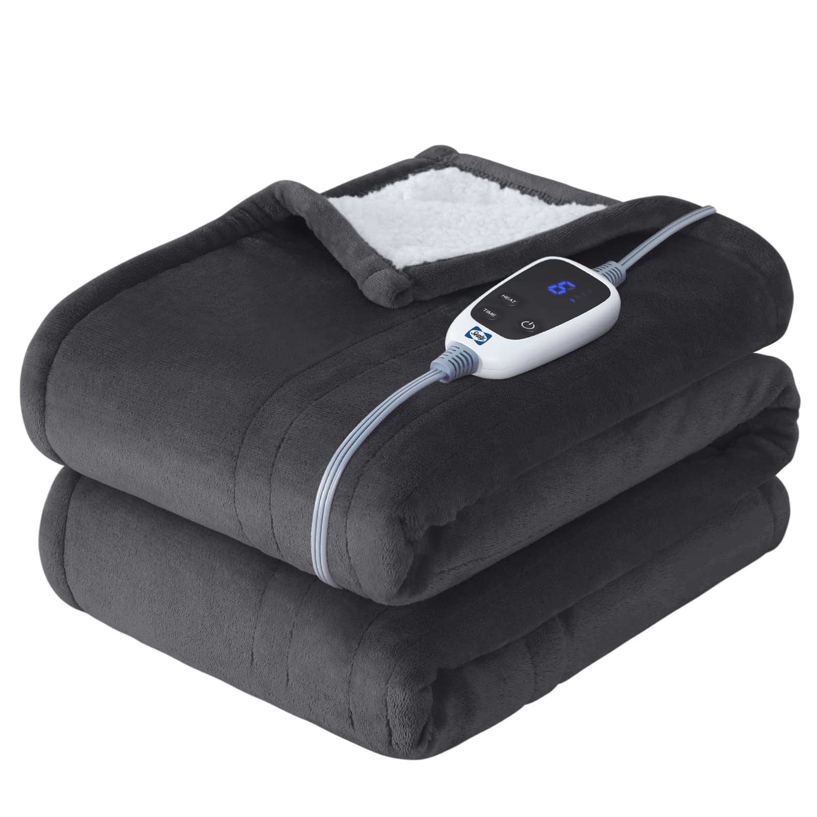 Sealy Electric Blanket Queen Size, Flannel & Sherpa Heated Blanket with 10 Heat Setting & 1-12 Hour Auto Shut Off, Fast Heating Blanket, Machine Washable, Beige, 84 x 90 Inch