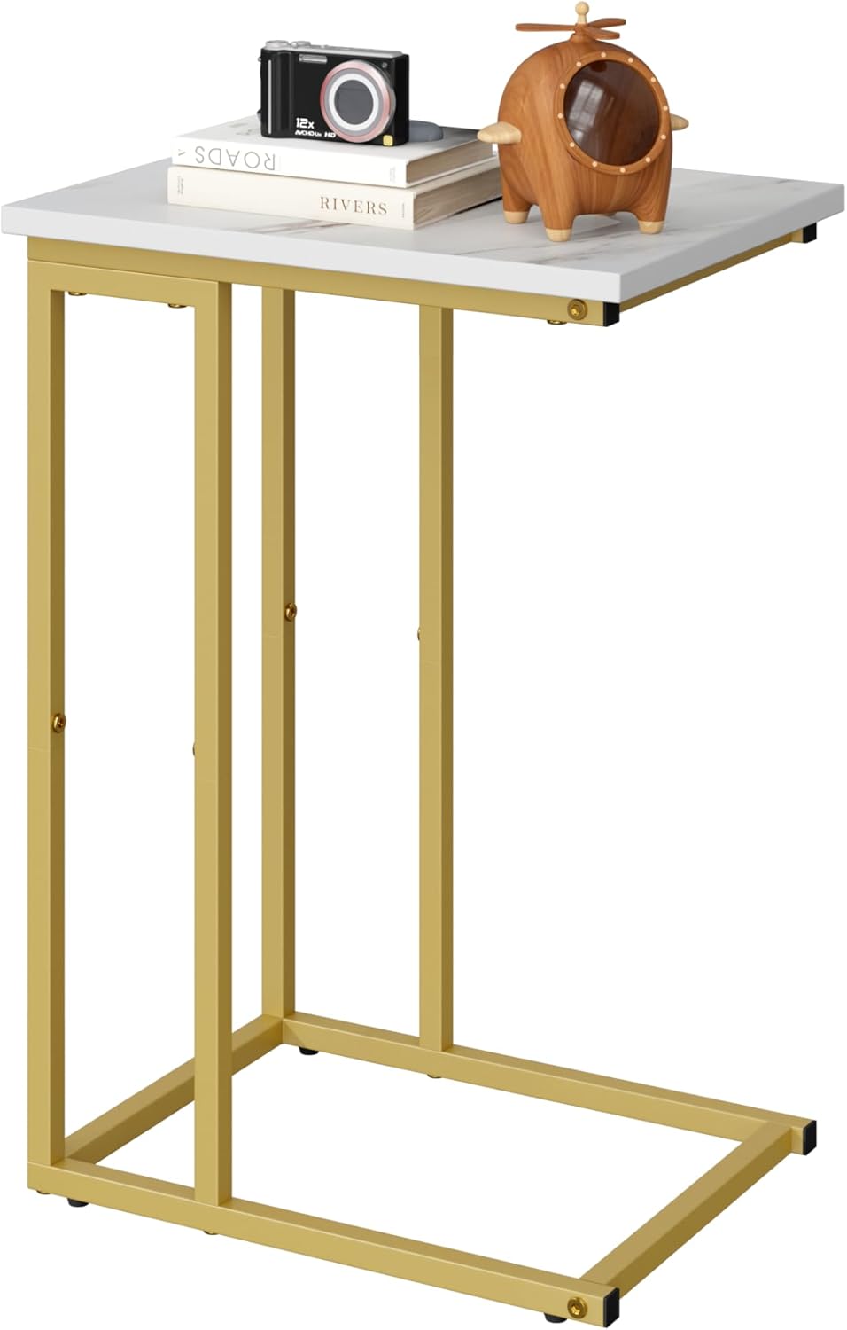 Function Home C Shaped End Table, Small Side Tables for Sofa Bed, Couch Tables That Slide Under, Drink Snack Table for Living Room Bedroom Small Space, White Wood Top and Gold Metal Frame