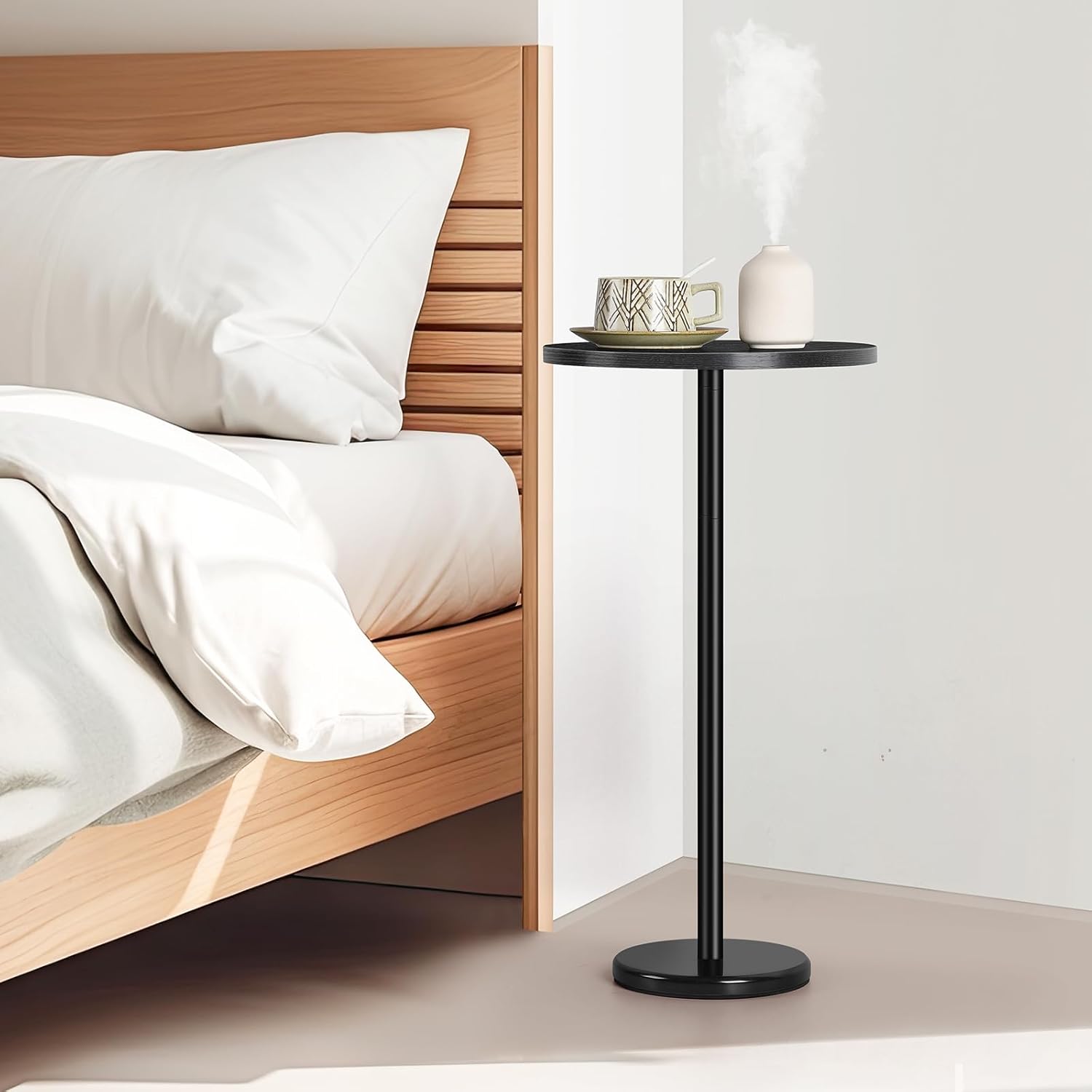 Black Drink Table Small Round Pedestal Side Table with Marble Base Modern Cocktail Table for Patio Sofa Couch Chair, Black