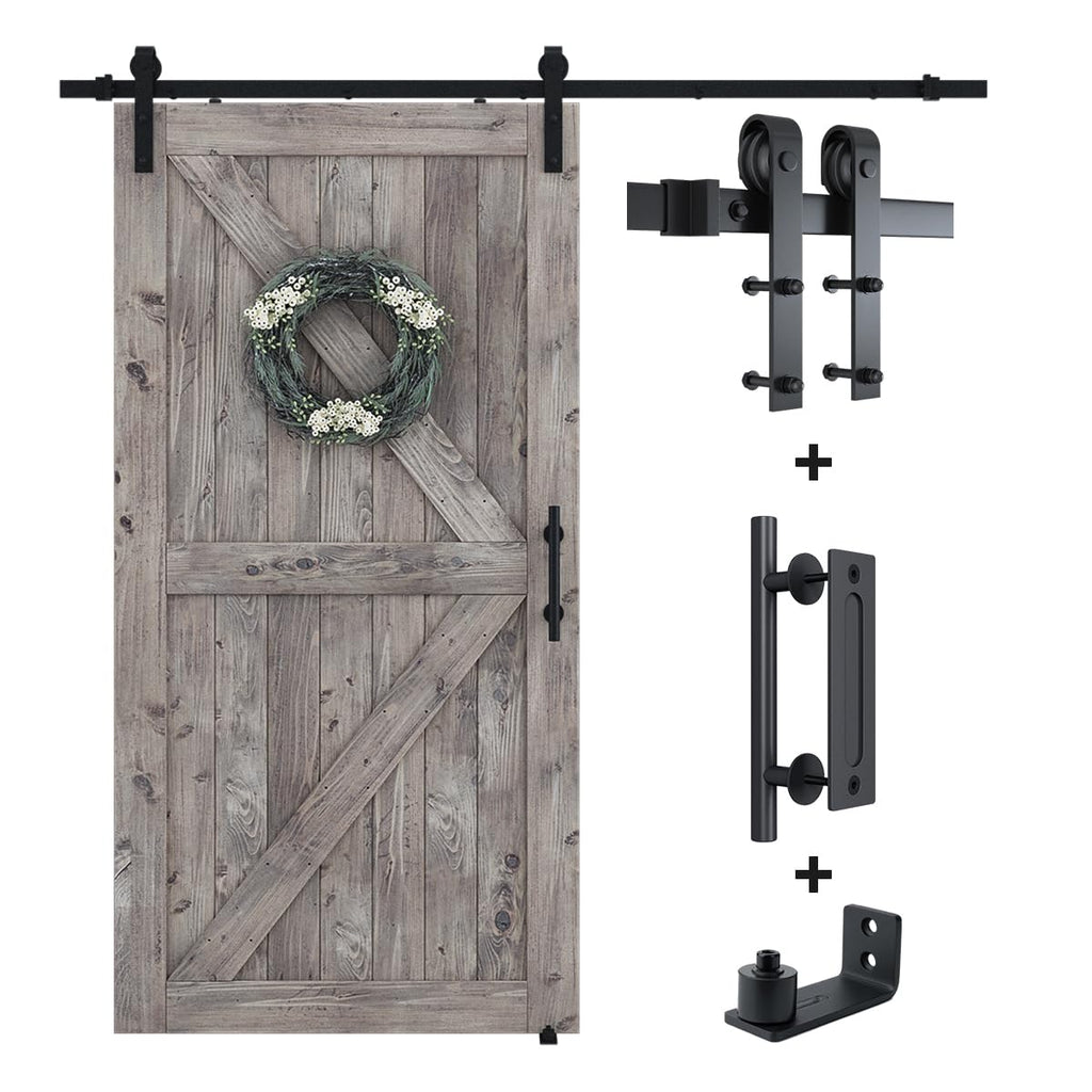 SMARTSTANDARD 6.8FT Sliding Barn Door Hardware Kit (Include 6.8ft Track Kit & Pull Handle Set & Floor Guide), Smoothly and Quietly, Easy to Install, Fit 36"-40" Wide Door Panel (J Shape) - Grand Goldman