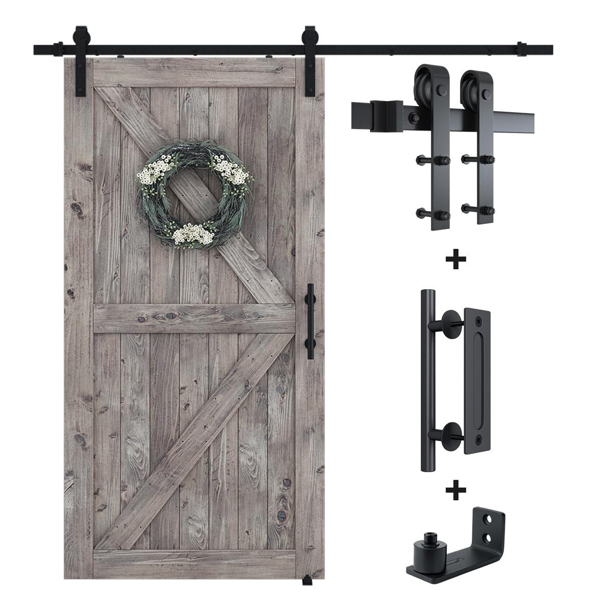 SMARTSTANDARD 6.8FT Sliding Barn Door Hardware Kit (Include 6.8ft Track Kit & Pull Handle Set & Floor Guide), Smoothly and Quietly, Easy to Install, Fit 36"-40" Wide Door Panel (J Shape) - Grand Goldman