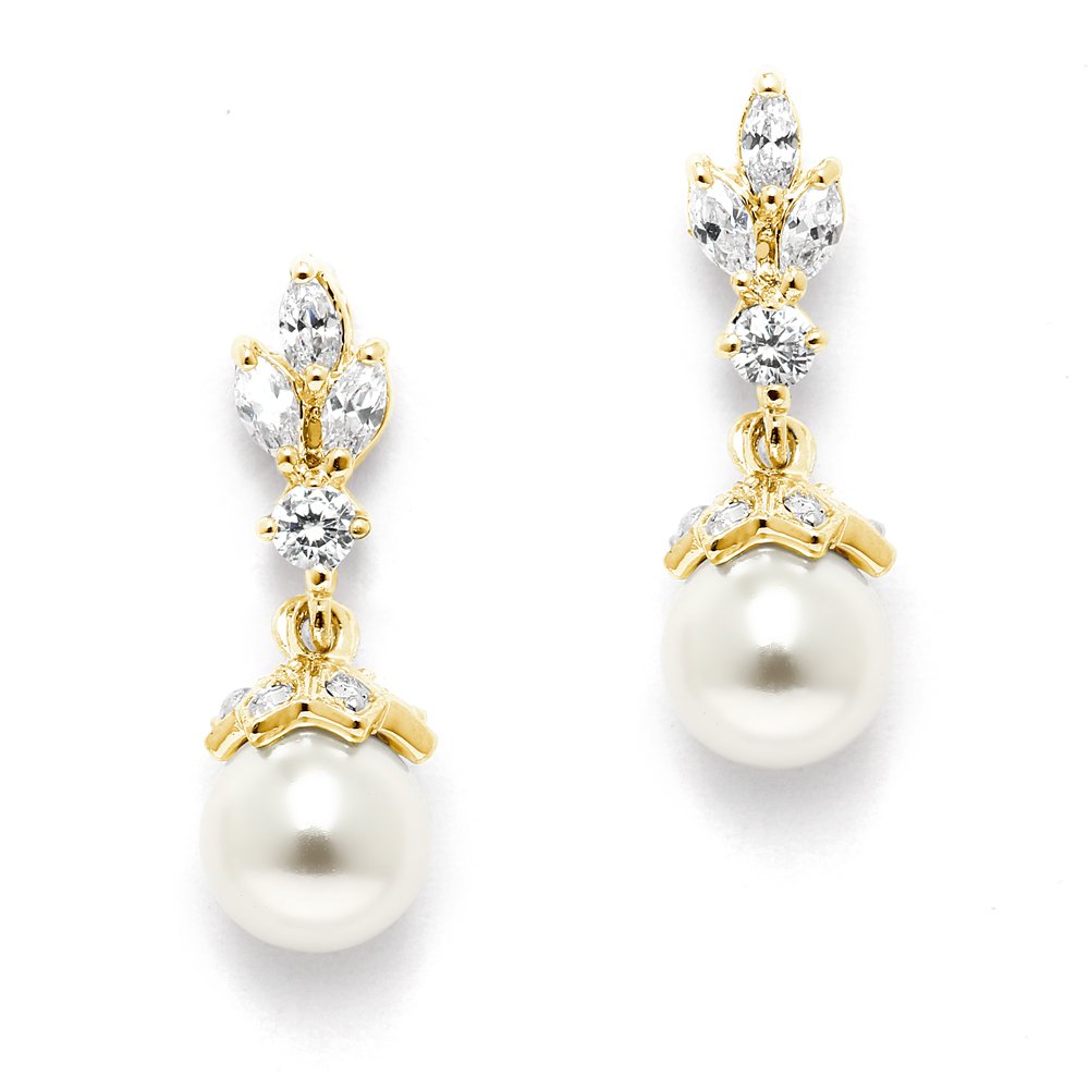 Mariell Pearl Drop Wedding Earrings, 8MM Ivory Shell Pearls, Cubic Zirconia Crystal and Pearl Earrings for Brides, Bridesmaid, Prom and Mother of the Bride