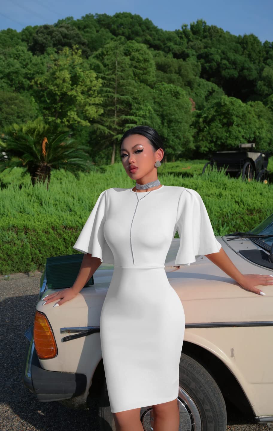 Memoriesea Women's Basic Bodycon Ruffle Flared Short Sleeve Pencil Midi Dress White