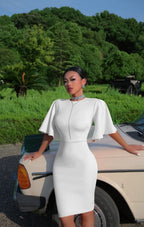 Memoriesea Women's Basic Bodycon Ruffle Flared Short Sleeve Pencil Midi Dress White