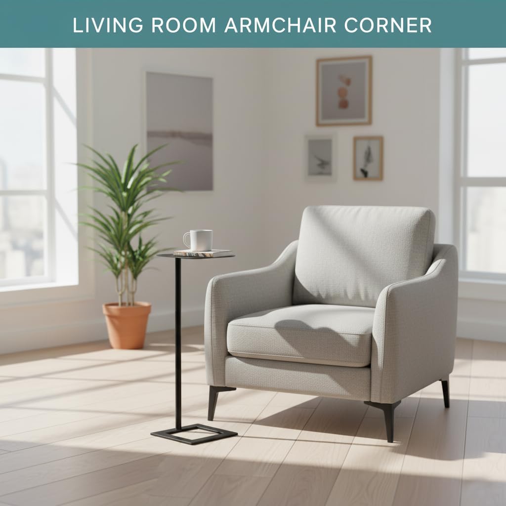 Stable C Table End Table, 23.4" Tall C Shaped Side Table That Slides Under Sofa, Slim Under Couch Table, Modern Industrial Coffee Tray Table for Living Room Bedroom (Small Black)