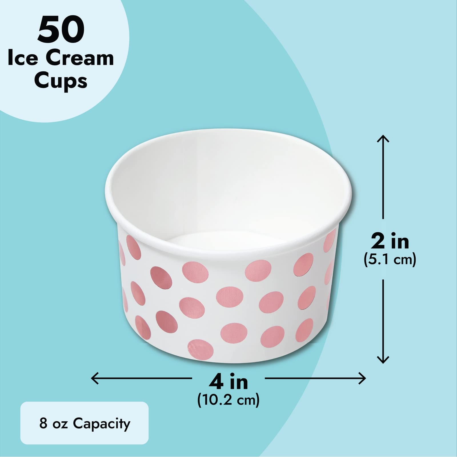 Juvale 50er-Pack Papp-Eisbecher für Frozen Yogurt, Sundae-Bar, Parfaits, Leckereien, Diners, Restaurants, Bäckereien, Einweg-Dessertschalen mit Roségold-Folien-Punkte (8 oz), Papp-Dessertbecher-Packung