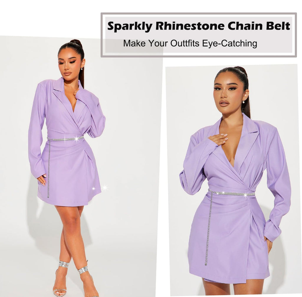 HinyBoeh Women's Rhinestone-Chain-Belt Silver-Diamond-Waist-Belts Adjjustable for Wedding-Bridal Dress 27-36''Waist