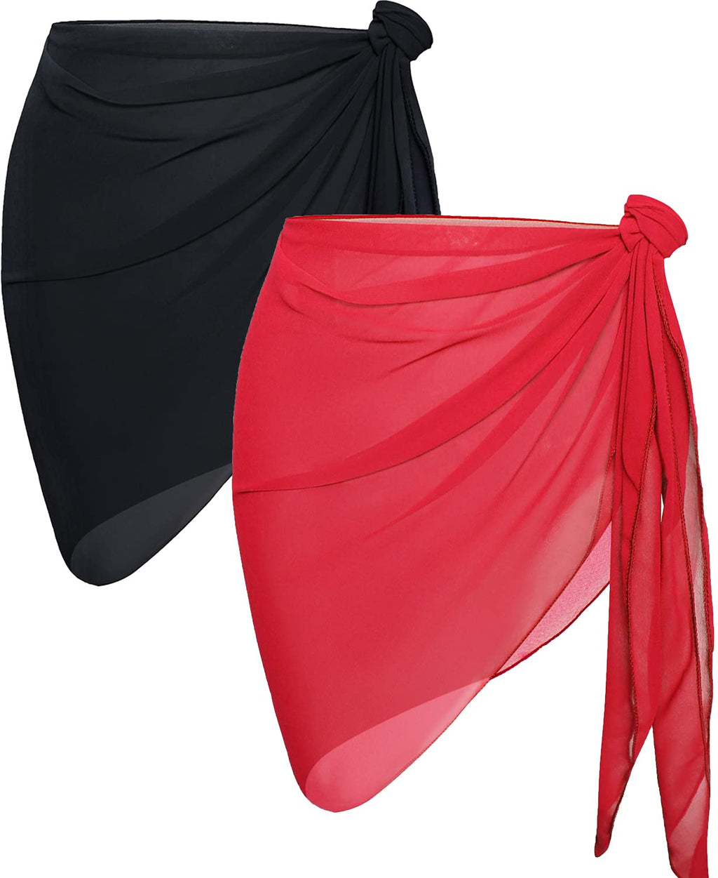 2 stykker sarong cover-ups til kvinder strand badedragt omslag gennemsigtig kort nederdel bikini chiffon tørklæde til badetøj (sort rød