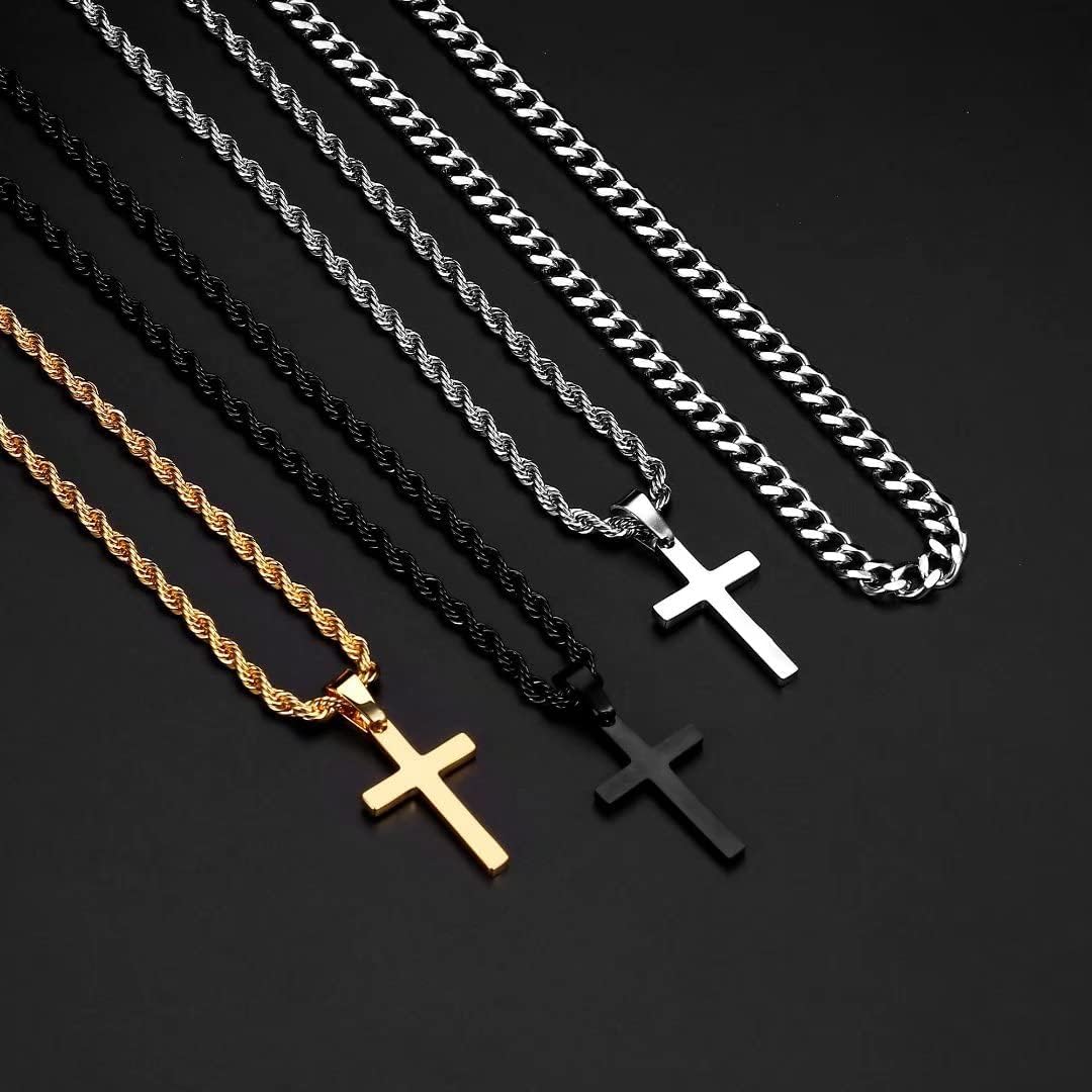 Ursteel Layered Cross Necklace for Men - 18K Gold Silver Black Cross Necklaces Chain for Men, Layered Rope Chain Cross Necklace for Men 16 18 20 22 24 Inch