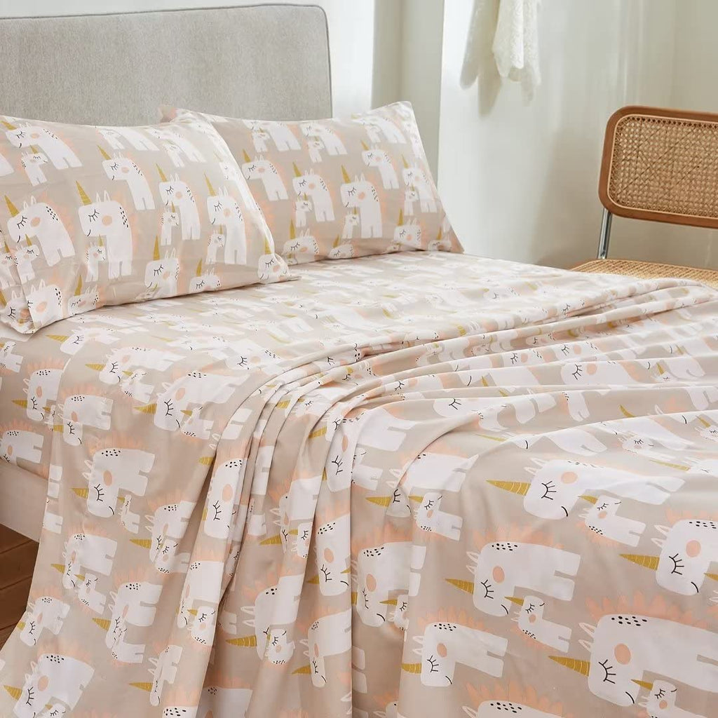 ست ملحفه کودکان یونیکورن صورتی JSD، سایز تویین، ۳ تکه، ملحفه‌های رختخواب میکروفایبر چاپ شده با طرح رنگین کمان برای دختران، جیب عمیق