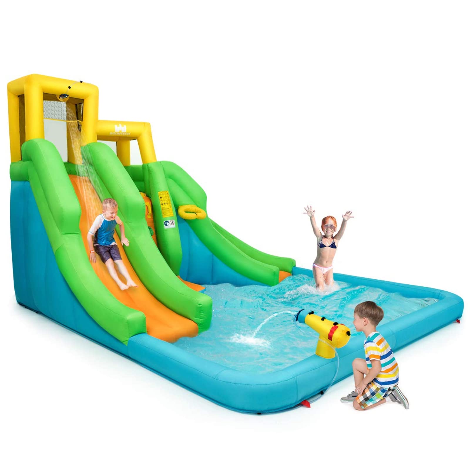 BOUNTECH Inflatable Water Slide, 6 in 1 Giant Water Park for Outdoor with Dual Slides for Racing Fun, Climbing Wall, Blow up Water Slides Inflatables for Kids Backyard Party Gifts (Without Blower)
