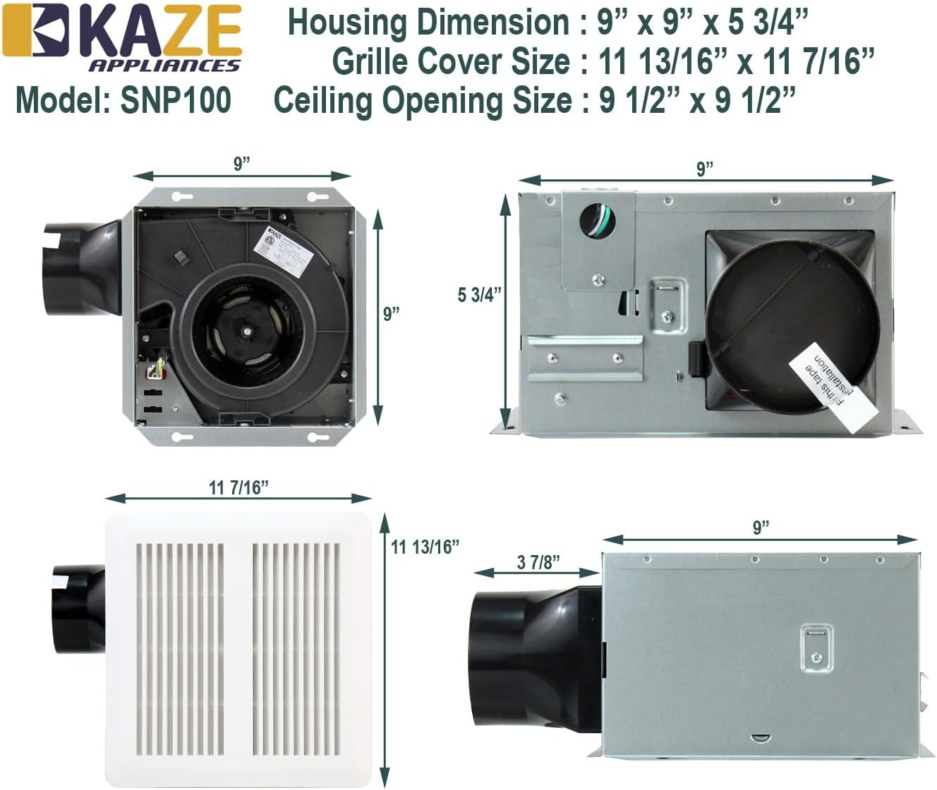 SNP100 | 100 CFM | 0.8 Sone | No Attic Access Required Bathroom Ventilation Exhaust Extractor Fan
