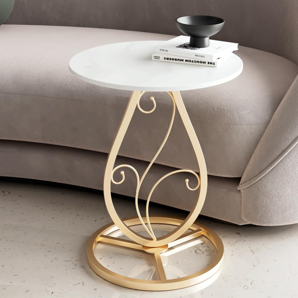 Boho Round Side Table Living Room, Natural Marble Desktop end Tables with Boho Minimalist Metal Floral Base, Modern Decor Bedside nightstand Coffee Table for Living Room Bedroom Sofa Balcony