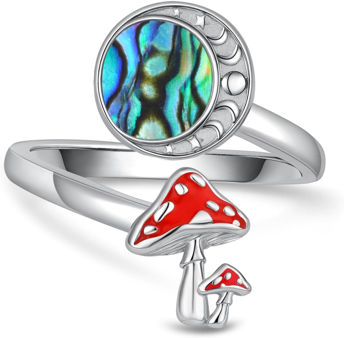 Moon Mushroom Ring for Women,925 Sterling Silver Magical Red Mushroom Rings Moon Phase Open Rings,Anniversary Birthday Gifts for Women Teen Mom