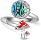 Moon Mushroom Ring for Women,925 Sterling Silver Magical Red Mushroom Rings Moon Phase Open Rings,Anniversary Birthday Gifts for Women Teen Mom