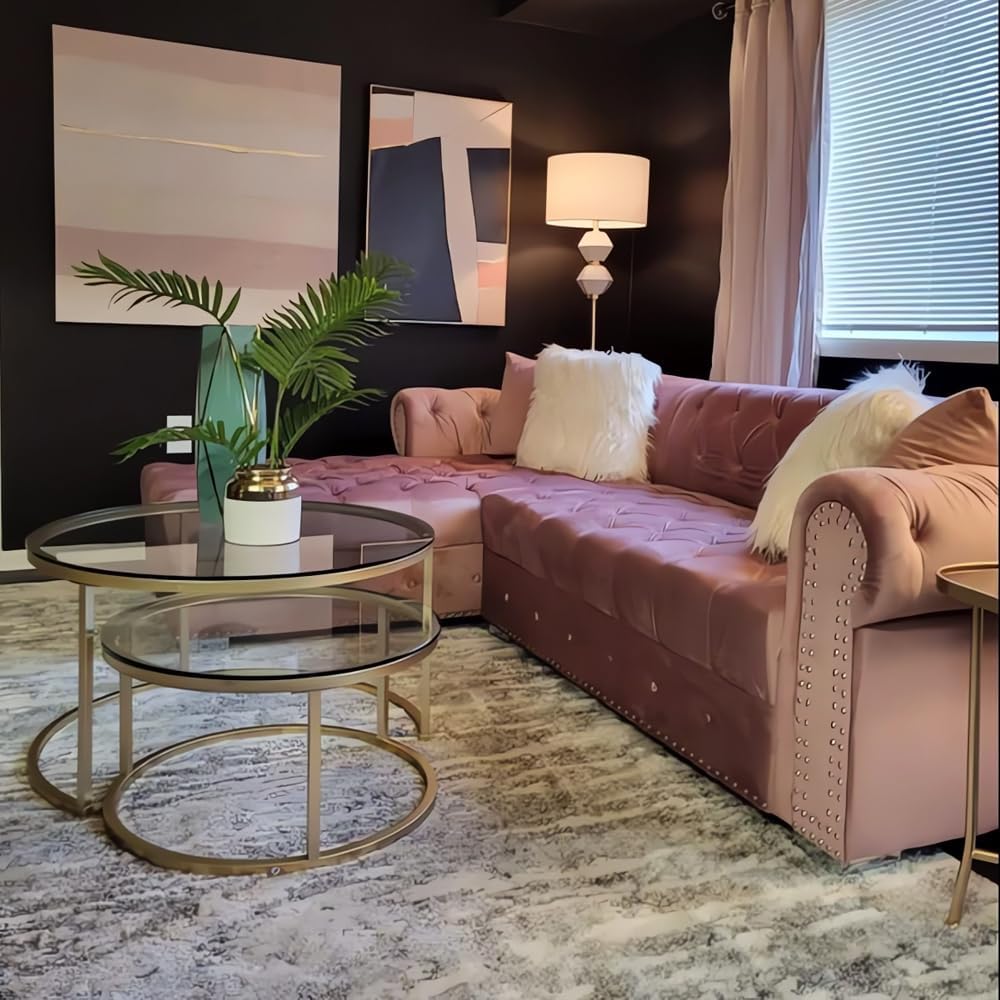 Gold Nesting Coffee Table Set of 2, Small Glass Nesting Tables for Living Room Bedroom, Accent Tea Table with Metal Frame