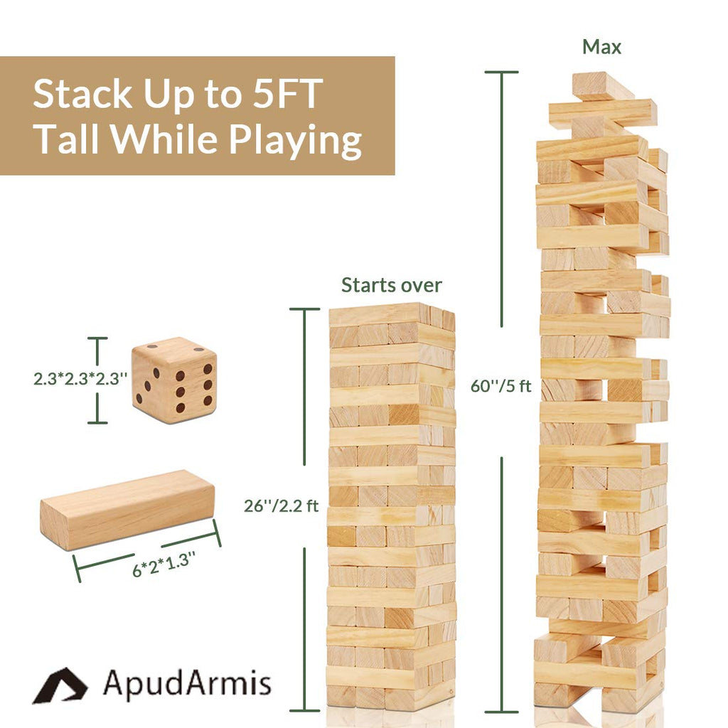 ApudArmis 60 PCS Giant Tumble Tower, (Stack up to 5Ft) Pine Wooden Stacking Timber Game with 1 Dice Set - Classic Block Giant Outdoor Game for Teens Adults Family