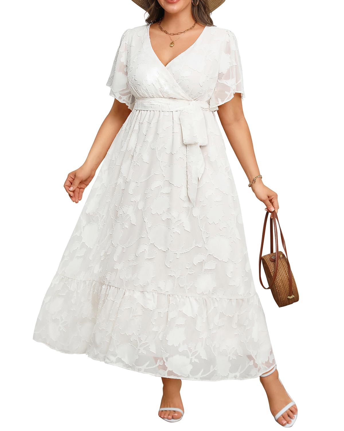 پیراهن سفید سایز بزرگ برای زنان با فرم بدن پر ۲۰۲۵ ماکسی پیچیده یقه هفت آستین پرچین گیپور گلدار تابستانی بلند با کمربند