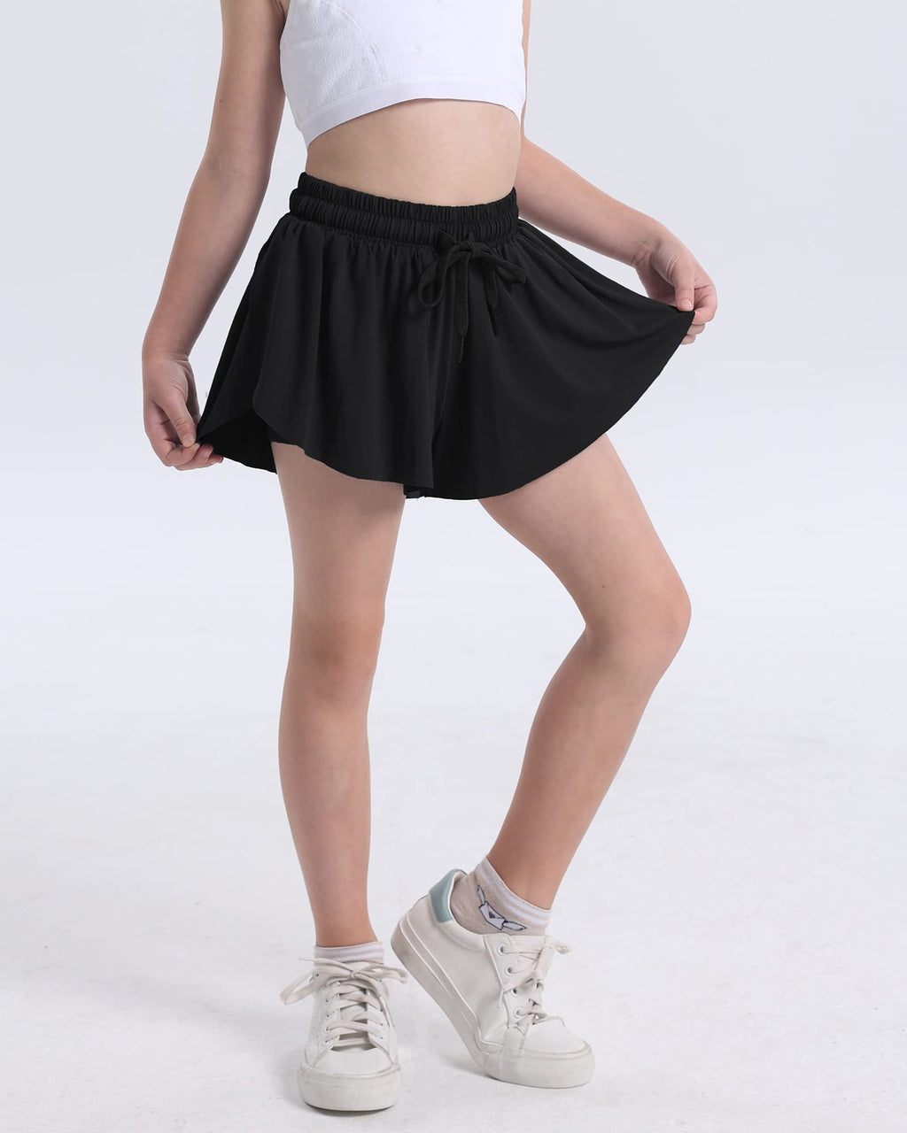 KEREDA Pige Flydende Shorts, Sommerfugl Shorts til Teen Piger med Spandex Foring 2-i-1 til Løb, Fitness, Atletik, Træning 1 Pakke 9-10 År (Sort)