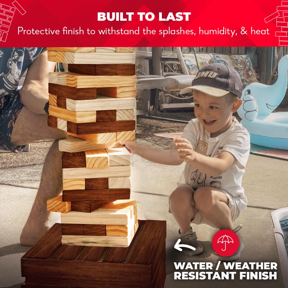 SWOOC Игры - Восстановленная гигантская башня (устойчивая к погоде) 60 блоков + ящик для хранения/уличный игровой стол | Стекается до 5 футов | Уличные настольные игры для взрослых