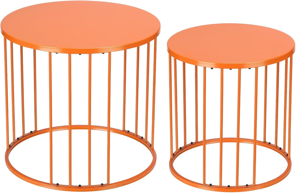 LEWIS&WAYNE Outdoor Side Table Set of 2, Metal Circle Accent End Tables for Balcony Backyard Garden Indoor Living Room, Durable Nesting Coffee Tables, 20”+16” Dia, Orange