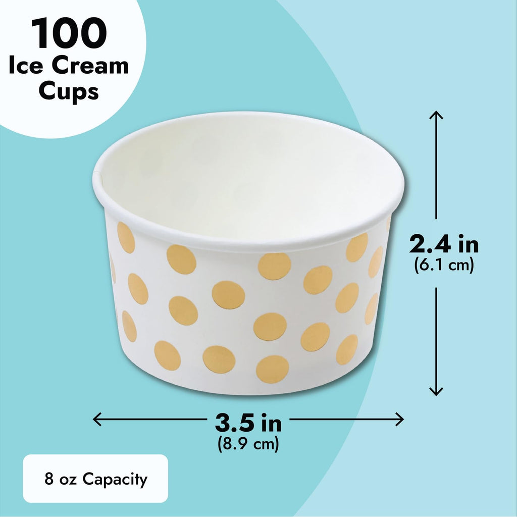 Juvale 100 Stück Papier-Eisbecher, 8 oz Einweg-Dessertschalen für Frozen Yogurt, Sundae-Bar, Party-Snacks und Leckereien, Goldfolie mit Polka-Dot-Design