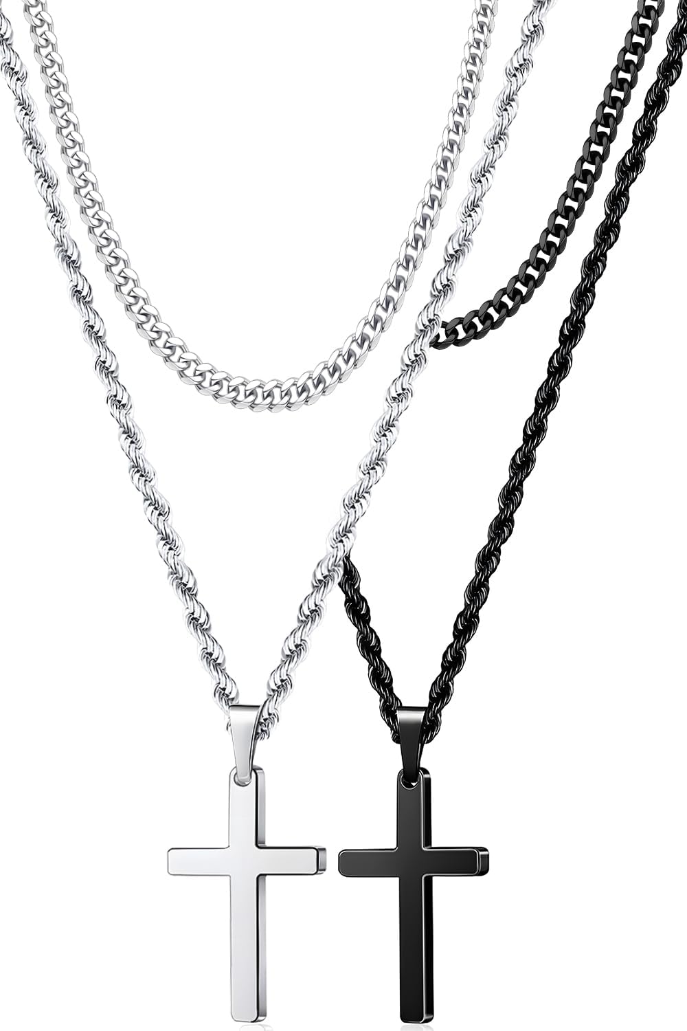 Romass 4Pcs Cross Necklace for Men,Silver Black Layered Necklace for Men Stainless Steel Cross Chain Pendant Jewelry Box Gifts 18-24 Inches