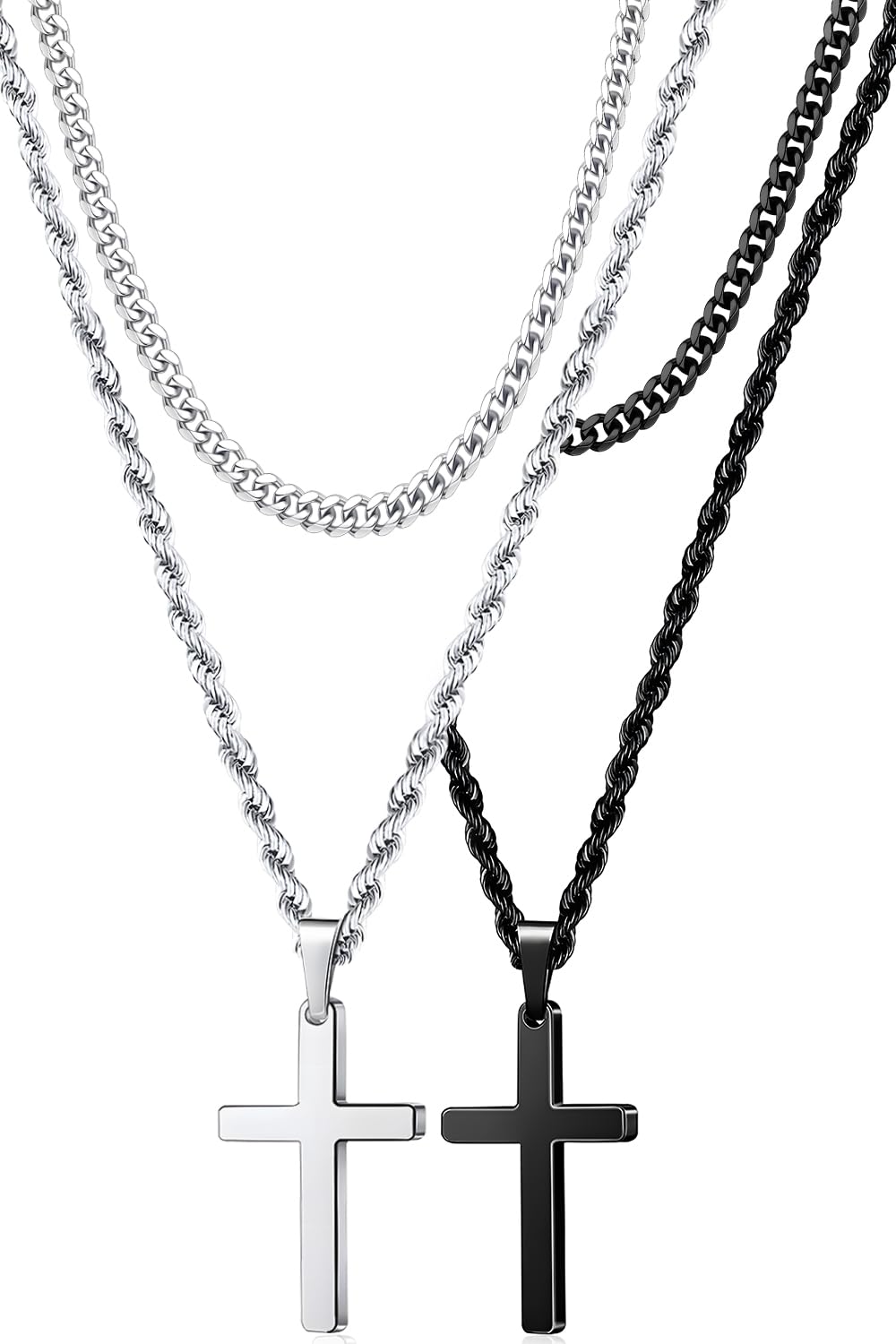 Romass 4Pcs Cross Necklace for Men,Silver Black Layered Necklace for Men Stainless Steel Cross Chain Pendant Jewelry Box Gifts 18-24 Inches