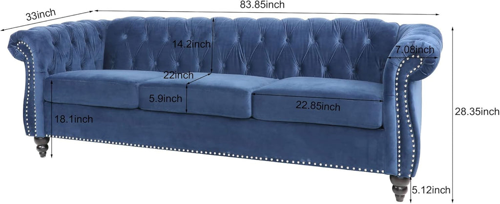 LEVNARY Three-Seat Velvet Sofa, Large Sofa Classic Tufted Chesterfield Settee Modern 3 Seater Couch Furniture Tufted Back for Living Room, Blue