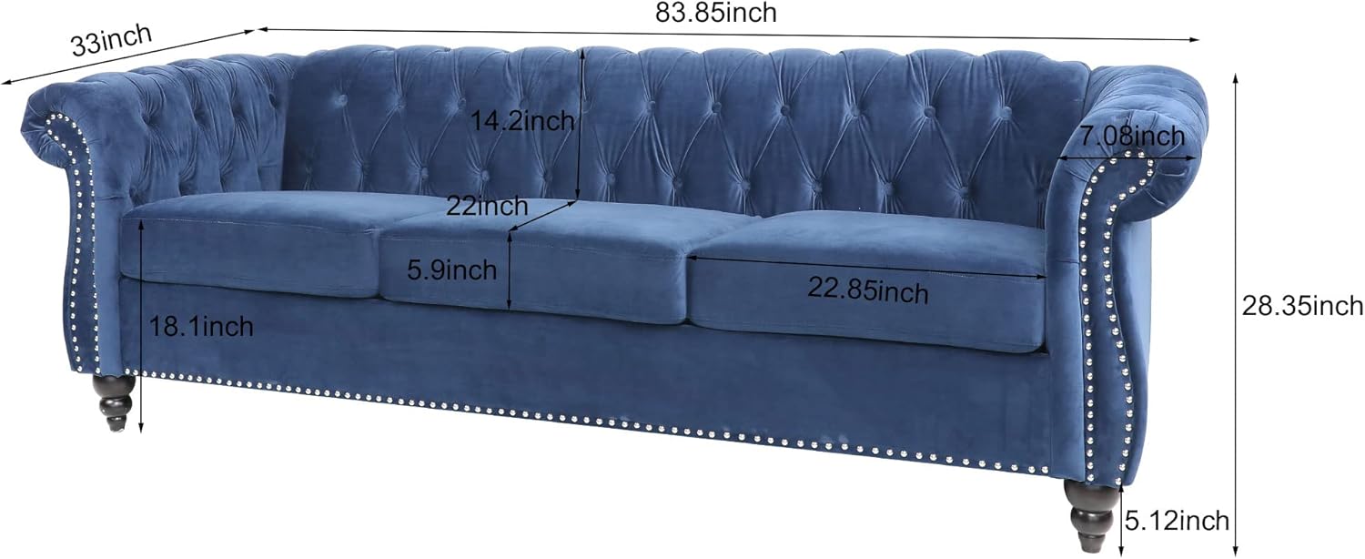 LEVNARY Three-Seat Velvet Sofa, Large Sofa Classic Tufted Chesterfield Settee Modern 3 Seater Couch Furniture Tufted Back for Living Room, Blue