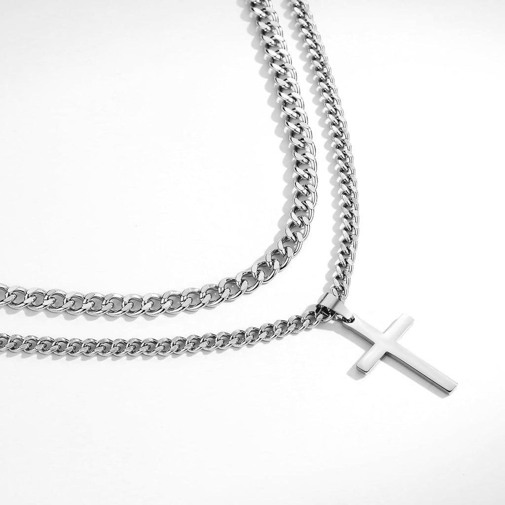 SENRAN Layered Cross Necklace for Men Boys Stainless Steel Layered Cuban Link Chain 16-24 inch Christian Cross Pendant Religious Jewelry Gifts