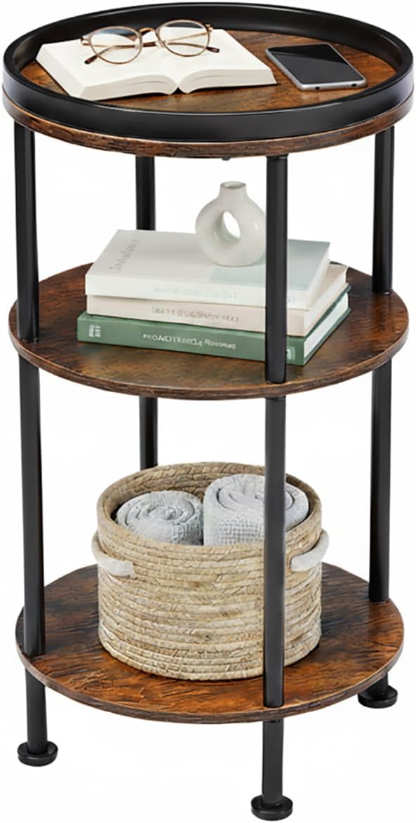 Small Round Side Table for Small Spaces, 3-Tier Round Accent Table Slim Side Table, Modern Sofa Corner Table for Living Room Nightstand Bedroom (Rustic Brown)