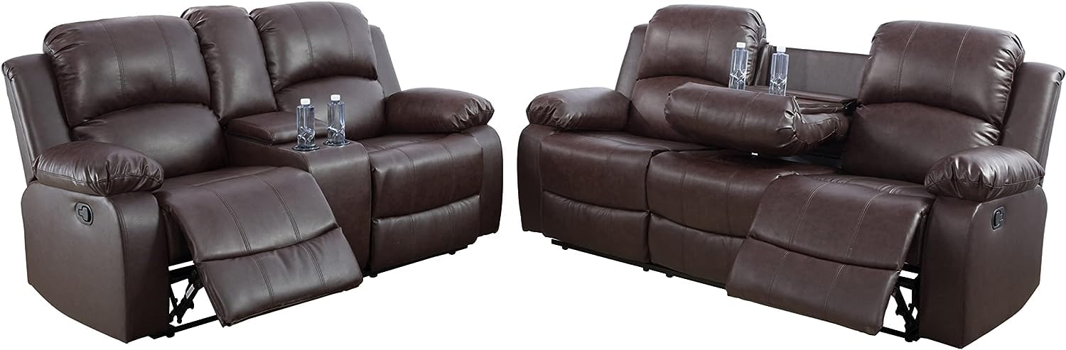 Bonded Leather Living Room Furniture Set Reclining Sofa Set Loveseat Furniture Sets in Living Room Sofa Recliners (3 Pieces, Brown)