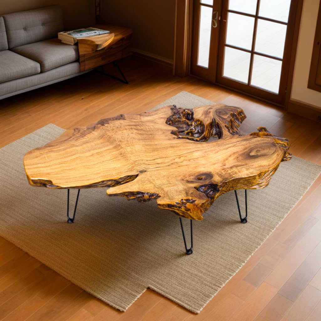 Handcrafted Edge Coffee Table | Natural Wood with Unique Organic Shape | Metal Hairpin Legs for Living Room, Side Table & Boho Decor
