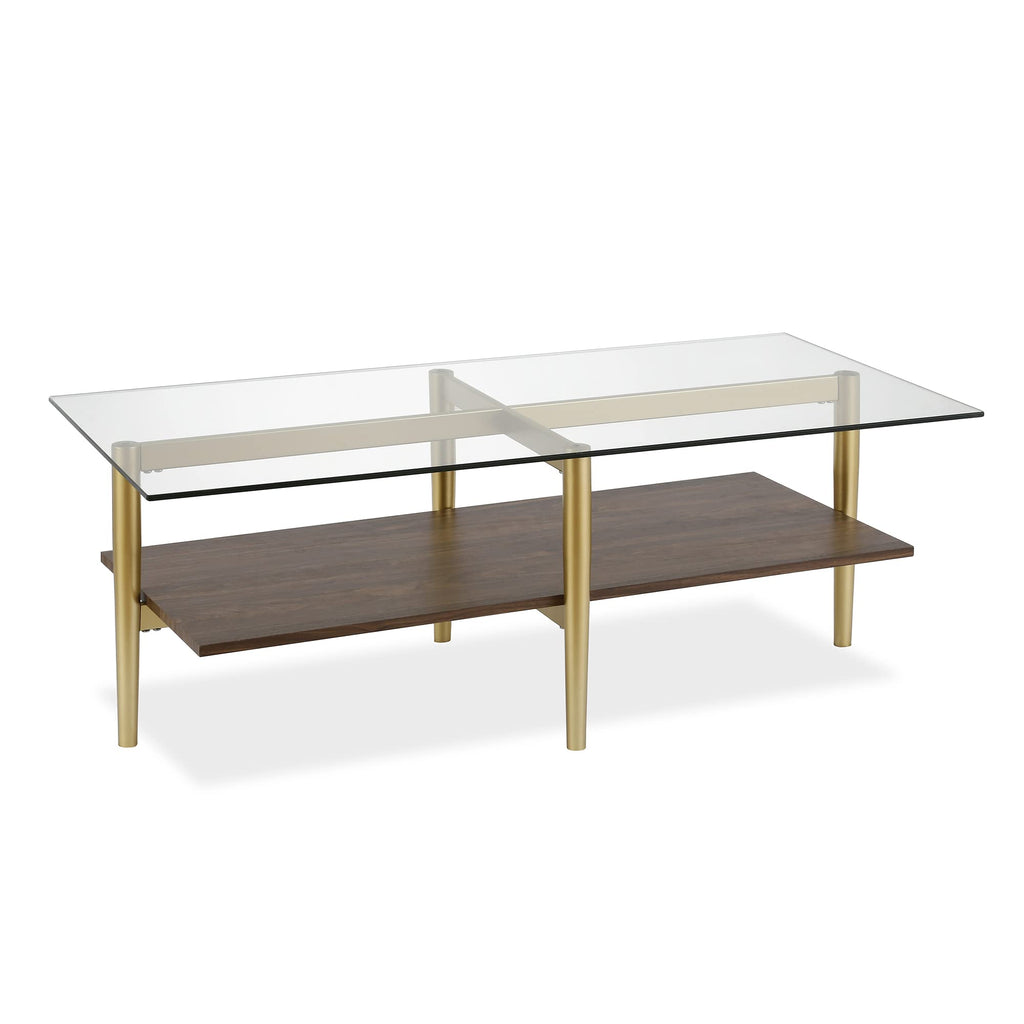 Otto 32" Wide Square Coffee Table with Faux Marble Shelf in Brass